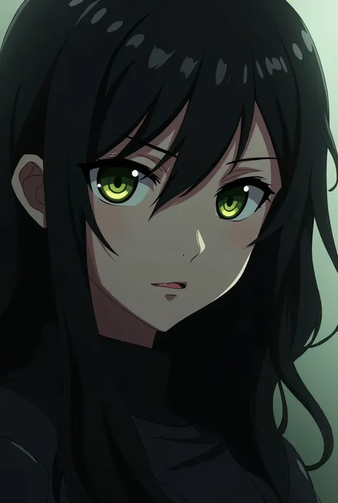 Create an anime of a woman with long black hair wavy with a serious face, greenish eyes in black clothes. 