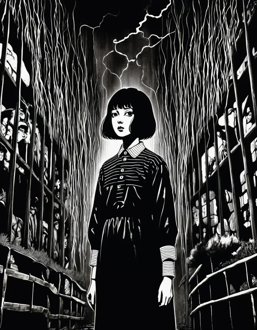 illust、art、from 80s horror movie, directed by junji ito、darkness、surrealism , miereko chan