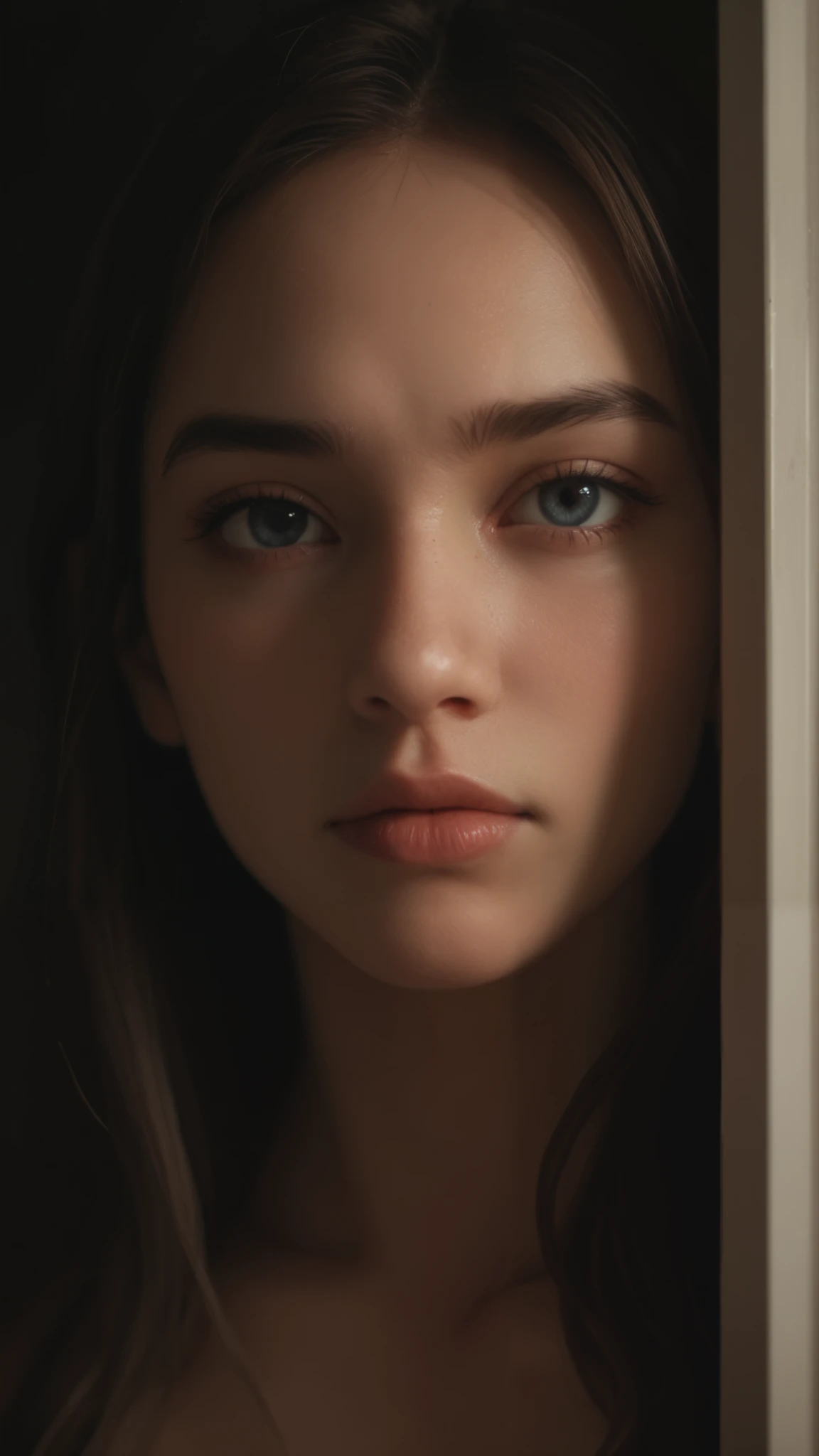 (score_9,score_8_up,score_7_up),in a dark room,stare,Cinematic Lighting,blocking half the face in the door,(low light:1.3),close-up,