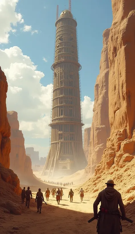 Image of the tower being built, with people working in the desert