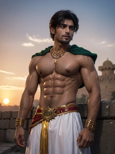 (Masterpiece, pakistani, 8k, HDR, RAW), ((Natural illumination)), sunset illumination, warm illumination, ((Standing)), (((Outside the walls of a Pakistani Citadel))), ((handsome man)), pakistani boy, bad boy, ((Tanned skin)), 21 years old, ((Muscular abs)...