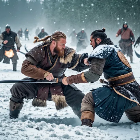 From a distance, a viking and a samurai, both in traditional clothing for their errors, are seen fighting in the snow with snow falling.