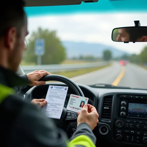   an image of a truck driver or company vehicle ,  stopped at a road checkpoint .  The driver is showing his drivers license and an internal authorization  (on paper or digital )  to the security officer or supervisor ,  highlighting the importance of comp...