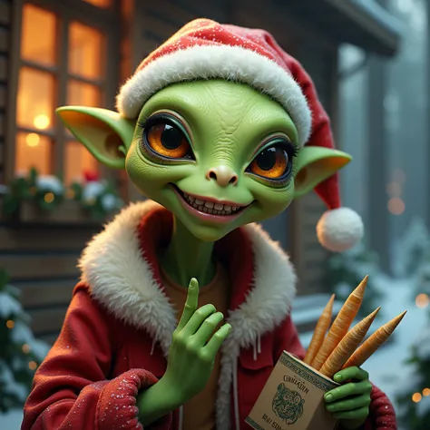 A cannabis and christmas inspired headshot portrait if an adult high alien looking happy about their package of tolling papers