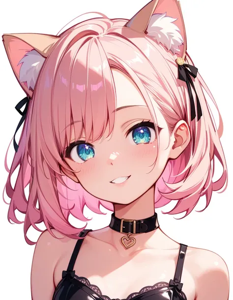  High image quality 、        High Quality       、         girl with cat ears      、        Beige Hair   、Pastel pink inner color for hair 、Beige ears 、 medium hair  、  Rob    、    Hair is beige、     turquoise eyes  、  short、       small breasts、      small...