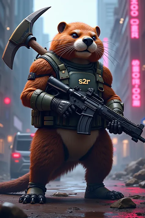 A beaver as a scifi soldier with a pickaxe in his back and a big gun in his hands and with writing *S2R * On the chest , dans le style de dragon ball Z