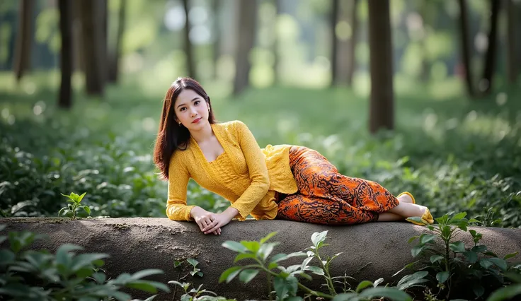 young women wearing yellow kebaya and batik skirts is lying down on the rock in the center, dense forest, Realistic photo, looking side, serious expressions, diagonal angle, dynamic composition