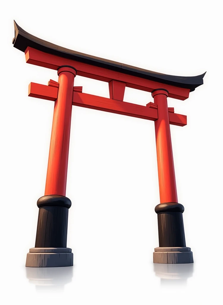 A traditional Japanese torii gate in anime style, floating with no background. The gate is painted in vibrant red with black accents on the base, featuring subtle weathering and texture for added depth. The design is clean yet artistic, with dynamic linewo...