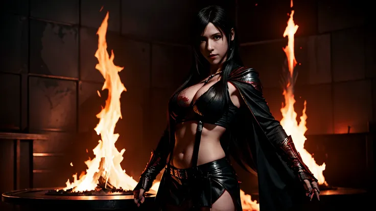   Tifa Lockhart as the Fire Goddess ,  she sucks blood  , face in blood, lips, covered in blood ,   red eyes The image of a vampire  , against the background of blood  ,   orgies art 3d high detail ,  full-size superrealism  ,  in black clothes and a red c...