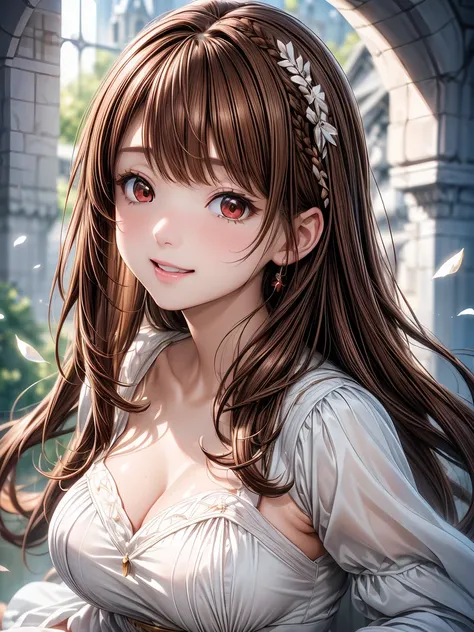  Extremely Detailed CG Unity 8K Wallpaper , Beautiful paintings, (( brown hair、Girly Hair:1.5)), ((Red eyes、Droopy eyes:1.3)),  shiny hair, Thick bangs, (( I show my white teeth and laugh : 1. 2)), ((Image Processing Algorithms:1.5)),  high pixel density i...