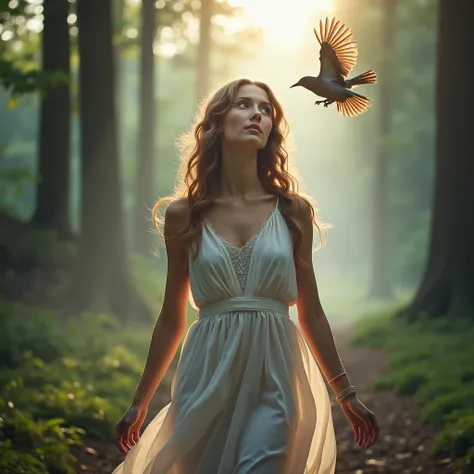 A realistic young beautiful woman in the woods lets go a bird to fly away, blue mist around, sunny day