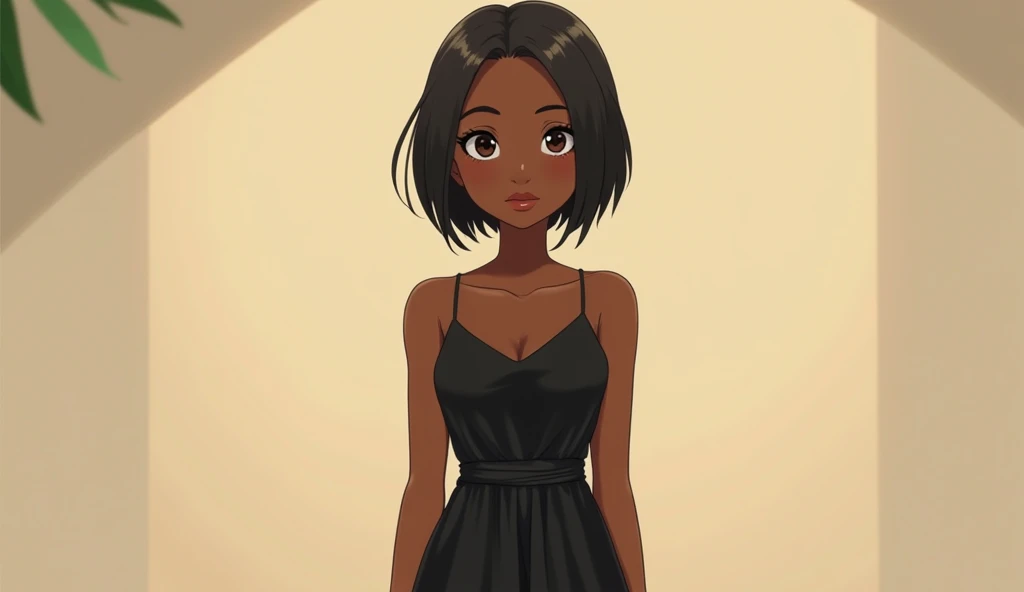 beautiful african girl short  straight hair, using a a black cottage dress, looking confident at the camera, anime style, solid background, 4k