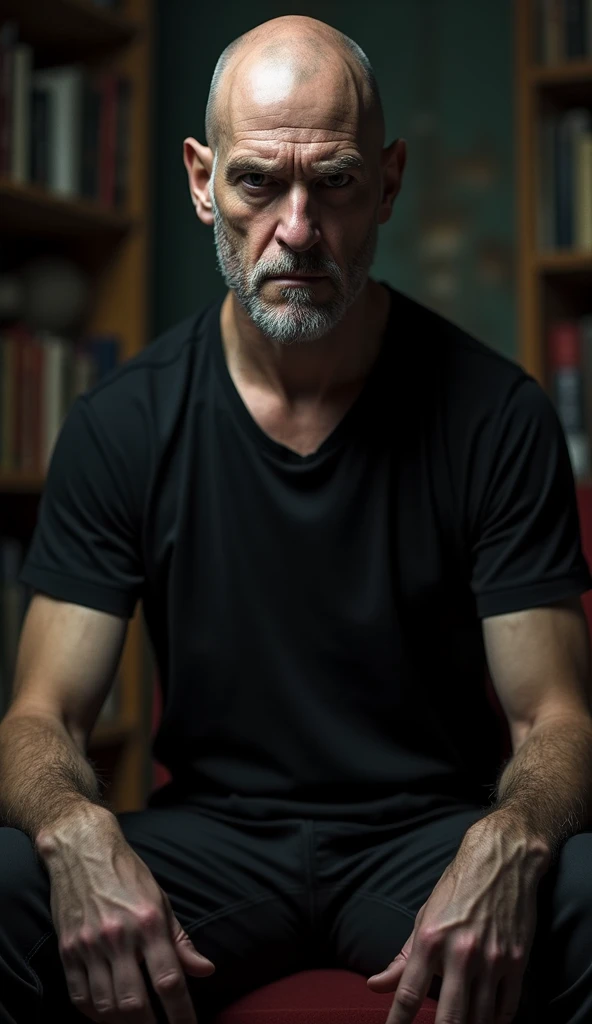 bald man with a bad face, looking like Aliester Crowley, wearing a plain black t-shirt, black pants, image from the knees up, the scene is a dark room with several books