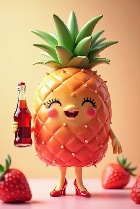  pineapple with red color and strawberry texture, with a smiling face, eyelashes, heels. Holding a soda bottle in her hand . Let her be tender and flirty. That has the color of a strawberry 