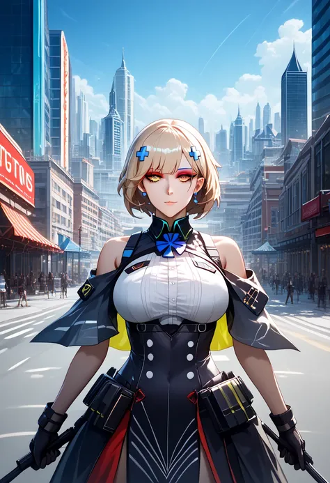 (extremely detailed CG unity 8k wallpaper),(masterpiece), (best quality), (ultra-detailed), (best illustration),(best shadow), cowboy shot, (sharp eyeliner, eyeshadow, detailed eyes:1.1), (city background:1.2), ,BREAK , mod3 (girls frontline), , 