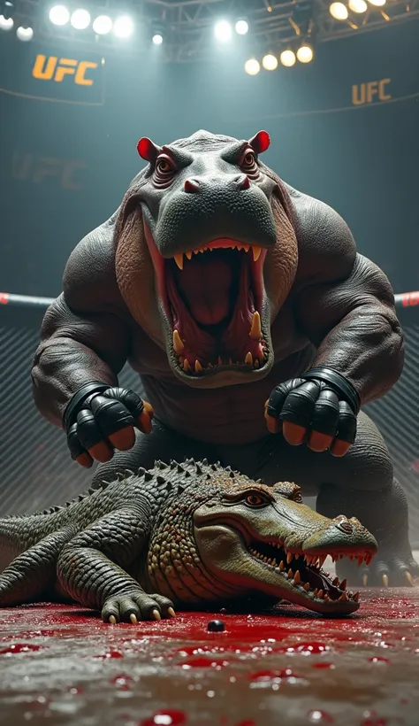 a hippo winning a match against a crocodile in the UFC ring, the crocodile lies defeated by the hippo, highly detailed, photorealistic, 4k, masterpiece, hyperrealistic, dynamic action pose, octagon ring, dramatic lighting, intense expression, muscular anat...