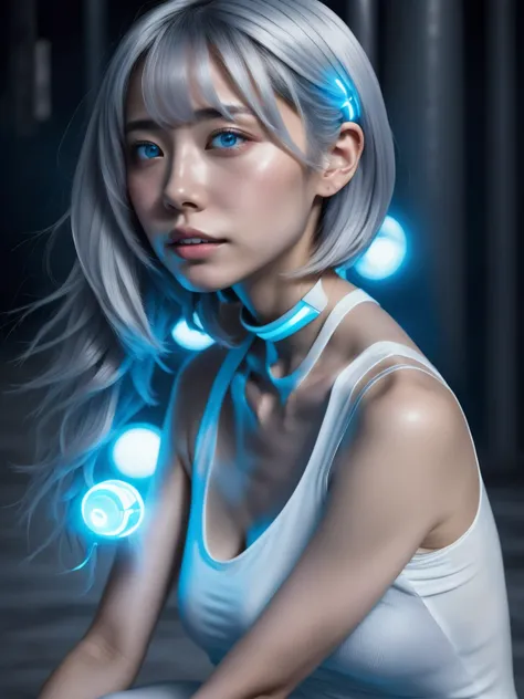 masterpiece, Best Quality, Realistic, In the dimly lit colony shrouded in white mist, she Climbing as a solitary fashion model. She is dressed in a cyber-themed outfit centered around the color white. She wears a high-neck, sleeveless top paired with a max...