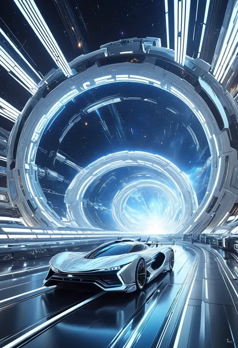 One with a spaceship entering a hyperspace portal futuristic composition, dynamic action sequences, WLOP, Vray, hyperrealistic, elegance of optimization, Hisui Sugiura