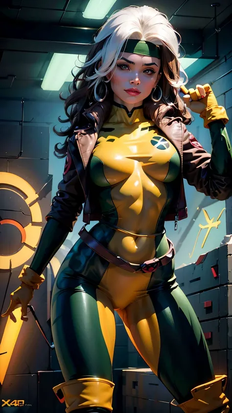 rogue,x-men animated series,underboob t-shirt,latex leggings,perfect ass,perfect breasts,perfect body,slim,sexy,beautiful,cute,smile,(best quality,4k,8k,highres,masterpiece:1.2),ultra-detailed,(realistic,photorealistic,photo-realistic:1.37),concept art,cin...