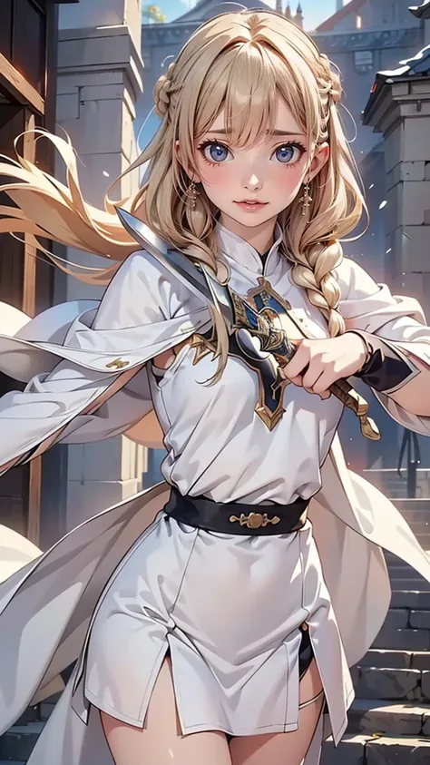 one woman、Rin々new appearance、Rin with a calm expression、cold look、medieval monk、pure white battle uniform、Blonde、french braid、have a sword、white cloak、 Sword Art Online 、(masterpiece, highest quality, highest quality, official art, beautiful and aesthetic:...