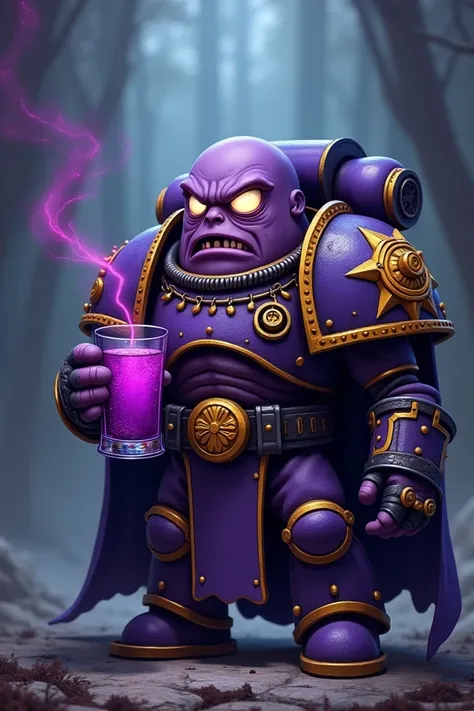 brutal Minion(from the cartoon )in the world game Warhammer 40000,he a space marine ,he have a purple water in the cup .