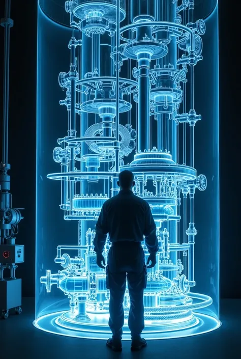 X-ray image of a man cleaning inside a chemical reactor