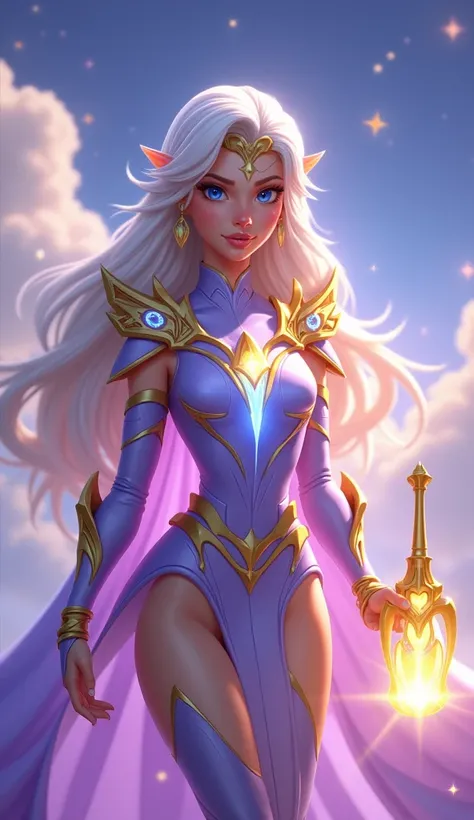 "Create a digital portrait of Elryne, the Celestial Guardian, designed with a soft, cartoonish style, reminiscent of Disney’s character design with comic book influences. Elryne should have long, flowing silver hair, styled elegantly, and radiant blue eyes...