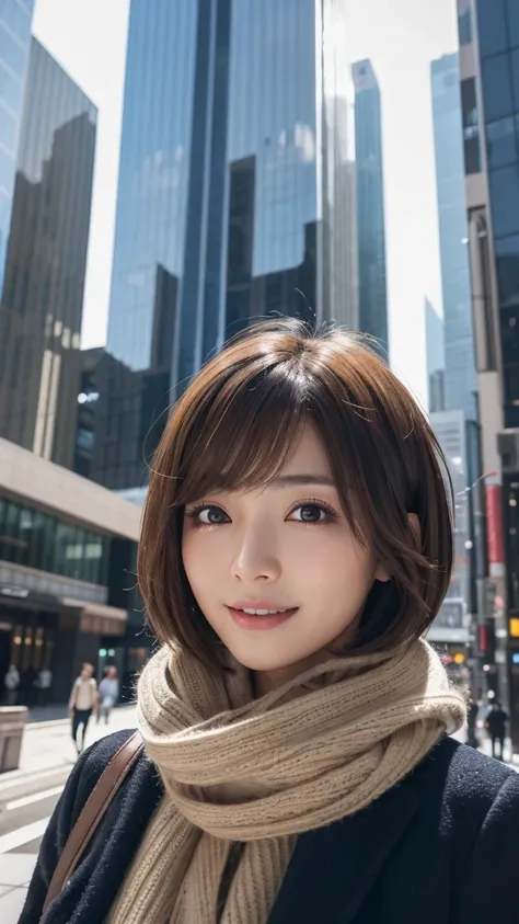 highest quality、genuine、Super detailed、finely、High resolution、8k wallpaper、one beautiful japanese woman Walking  Under the skyscraper、light brown short hair、sharp focus、perfect dynamic composition、beautiful and detailed eyes、thin short hair、Detailed genuin...