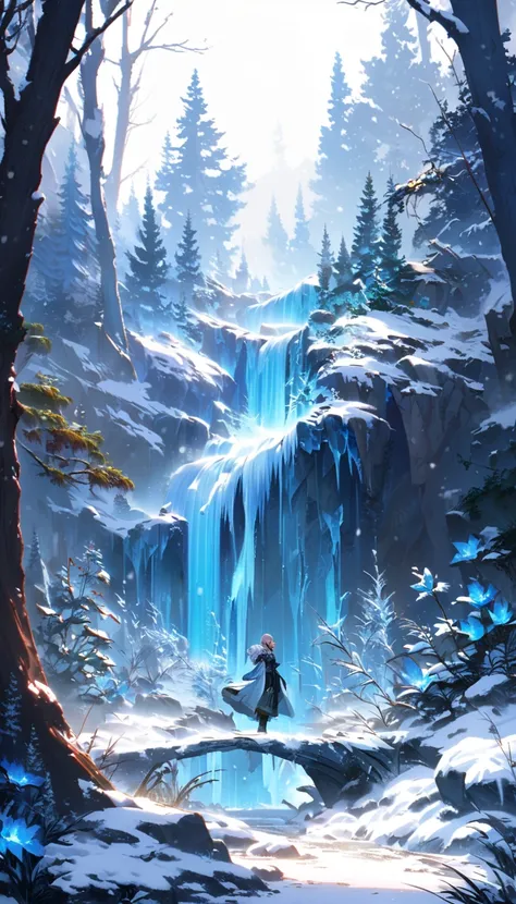 female dark skinned elf in winter setting between blue frocen vegetation and thick patches of snow and ice, cold blue moonlight,thomaskincade