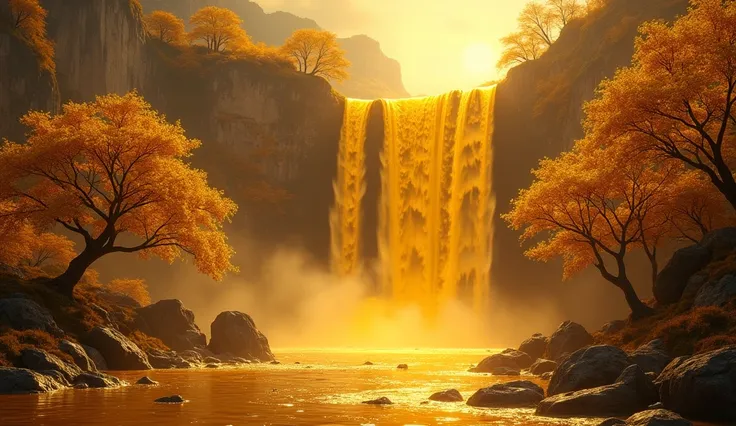 "A magnificent waterfall of liquid gold cascading from a gleaming mountain of treasures. Surrounding the waterfall are trees with leaves shining like gold, bearing fruits in the shape of coins and gold bars. The river formed by the waterfall reflects the g...