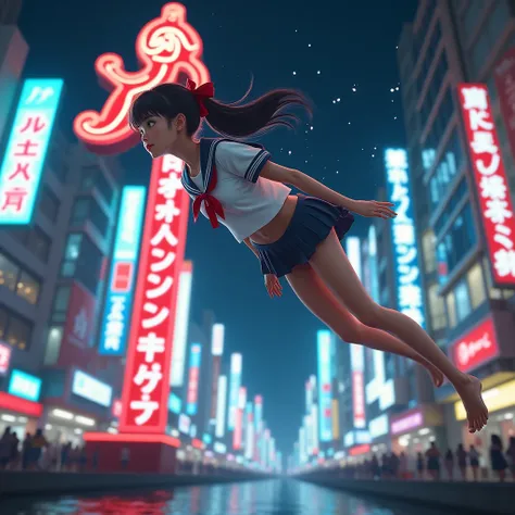 Haunting Live-Action, Extremely Detailed KAWAII JK Diving from Glico Running Man at Doutonbori, Sparkling, LifeLike Rendering, MotionBlur, (XLabs F.1 Realism LoRA V1), White Sailor Uniform with Thongs, Red Ribbon Ponytail hair fluttering in the wind, Profe...