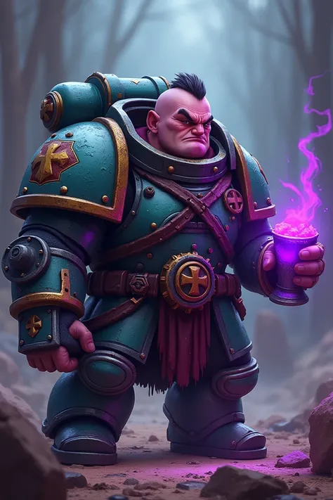 brutal Minion(from the cartoon )in the world game Warhammer 40000,he a space marine ,he have a purple water in the cup .he is fighting he is desperate, tiredmore cartoonish face