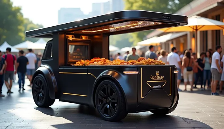  futuristic gourmet street cart to sell products and food , food de luxuoso primium Platinum black, Neon headlight, open sides and roofless ,  more realistic modern design with technological and beautiful shapes ,  looking like a car from the future ,  set...