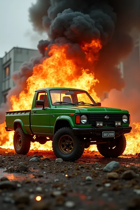 Nissan green truck model 2010 burning