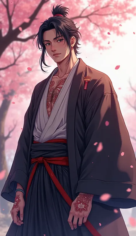 Edo period、Hakuju、Toyama Kin-san 、male、warrior、Hakama、I only wear a kimono on one arm、Mr. Magistrate、 Cherry Blossom Fubuki tattoo from chest to back、 cherry blossom petals fluttering 