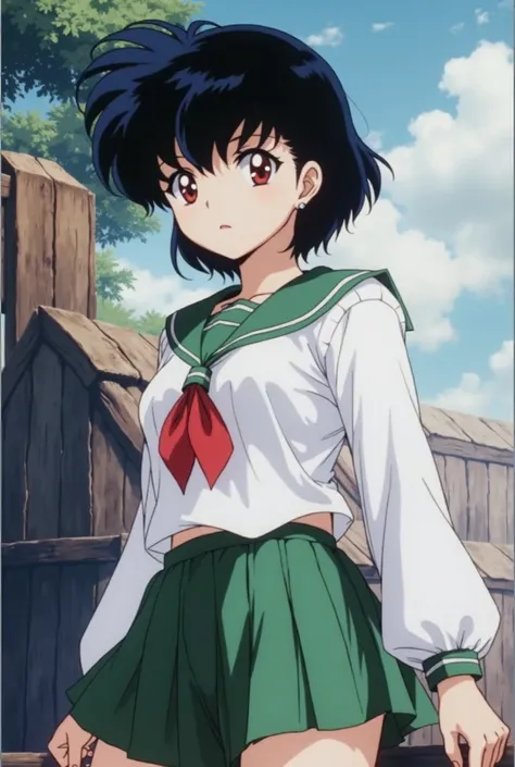 anime girl, kagome higurashi, wear black leggings, white t-shirt and green sweater, without fringe