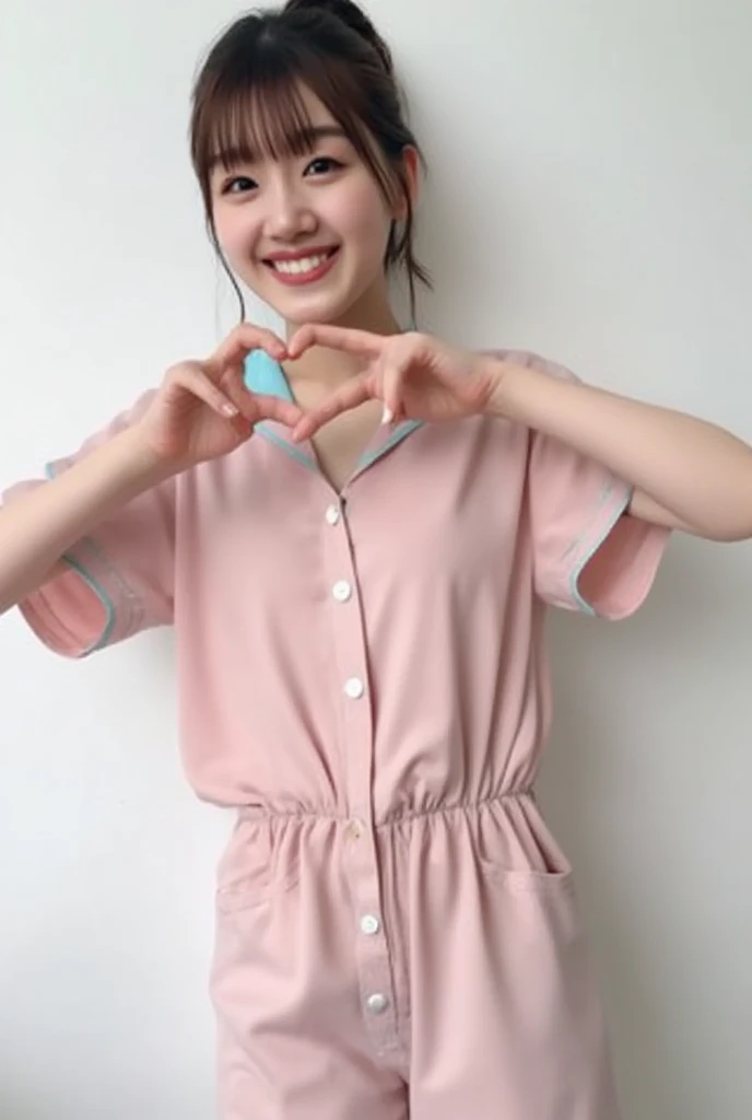 A smiling woman poses alone wearing off-the-shoulder pajamas in pastel colors that convey warmth simply by touching them softly and softly, making a firm, large heart shape with both hands, and holding them in front of her chest, View above collarbone、The ...