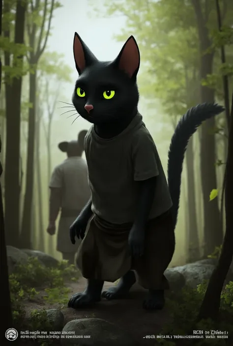 D&D. Tabaxi. Black cat with green eyes and two tails. Dressed in a shirt and pants.