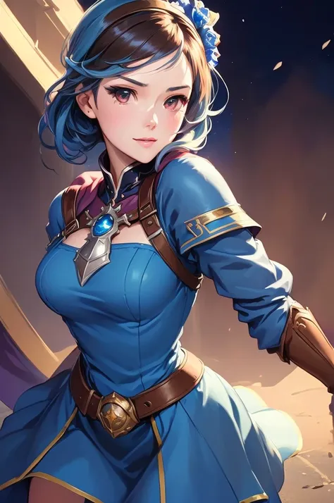 Close up of a woman in a blue dress and brown gloves,  Highly Detailed Art Jam , Artgerm and Atey Ghailan ,  PORTRAIT A KNIGHT GIRL OF THE ZODIAC, artgerm style,  Style Art Germ , ! Dream Art Germ,  trending artgerm ,  Female Protagonist 👀 :8, Art Garm-sty...