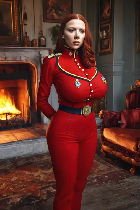 
arafed Scarlett Johansson in uniform standing at a fireplace in an old-style conservative room, wearing a red captains uniform, intriguing outfit, better known as amouranth, with large breasts, powerful and huge, amouranth, with large breasts, really larg...