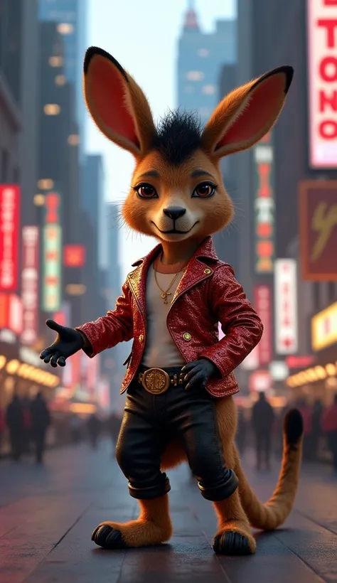 A anthropomorphic kangaroo dressed as michael jackson. Hair of michael jackson. New York street in the background. 