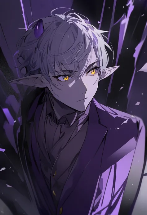 Handsome, alone, 1 man, short hair, dark purple white hair, golden eyes, purple suit, light tan skin, demon horns, elf ears