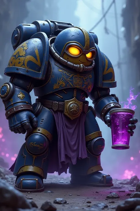 brutal Minion(from the cartoon )in the world game Warhammer 40000,he a space marine ,he have a purple water in the cup .he is desperate, tiredhe is fighting