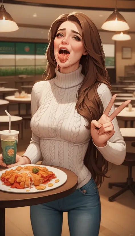 beautiful woman, 45years old ,sexy female,brown hair, long hair,v-neck sweater,skinny jeans,look down,watery eyes,painful face,Medium breasts,in restaurant,on the dining table,food, dish, vomiting,(vomit),puke,throw up,many peoples