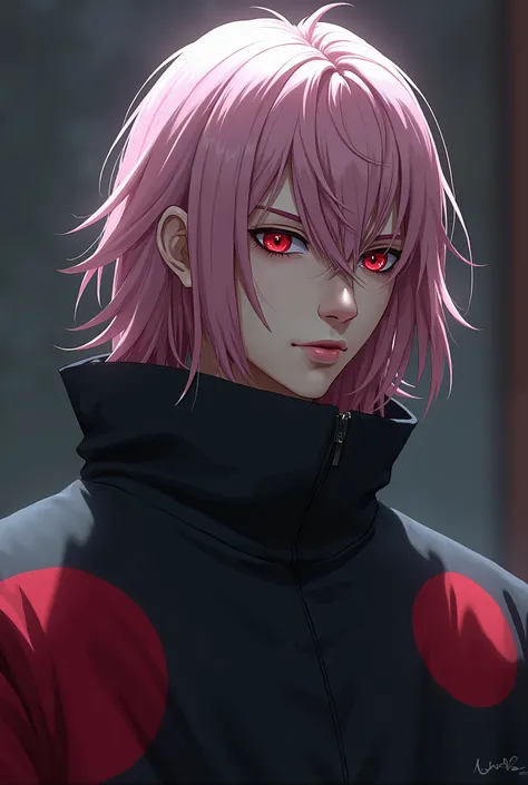 a young Uchiha  (man),  with long pink hair  (black highlights)  wearing an Akatsuki  