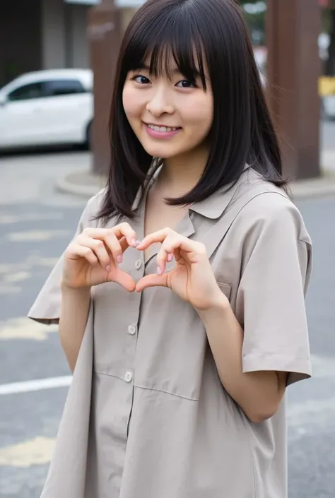 笑顔の女性がオフショルダーのシャツWearing一人でポーズをとっている,  in front of your chest and make a big heart shape with both hands,  Wearing、Physical-based rendering of , Looking above my collarbone 、 The background is a street corner
