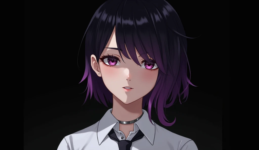 masterpiece,1 Girl, unique ,  A Faint Smile, Metal necklace,  White Shirt , Modern school uniform, Accessories, purple and black bicolor hair, Unique hairstyle, Stylish,  black background