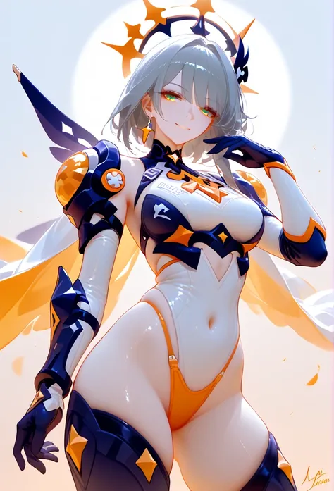 Perfect face, perfect anatomy, best quality, young woman a skimpy honkai impact 3rd style battlesuit with a thong back, confident and good natured, seductive smile, headdress like elysia, excellent, thigh boots, platform high h gloves, asymmetrical design,...