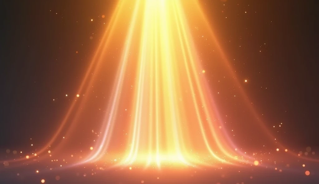 A 3D Disney Pixar-style rendering of vibrant, glowing beams of light radiating upward in a dynamic and magical pattern. The light beams are a mix of warm golden tones and subtle rainbow hues, with soft sparkles and shimmering particles floating within the ...