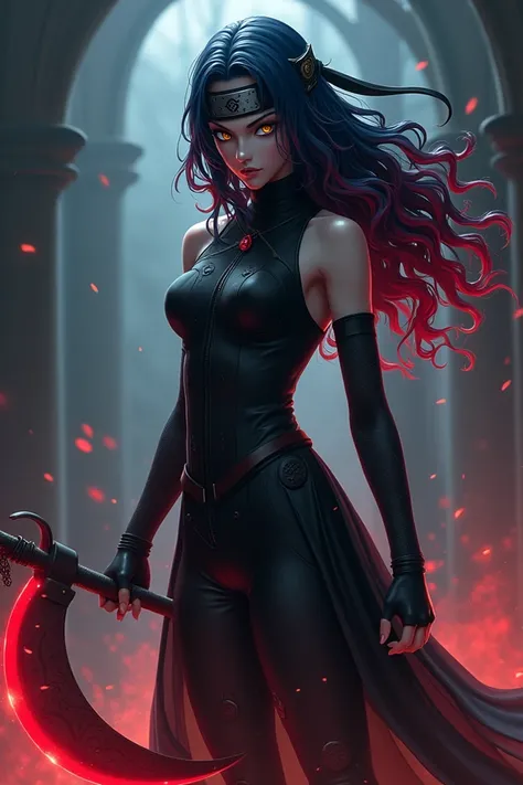 1 ,  blue-black hair with some long and curly crimson red highlights,anger and hatred,  eye totally black and the other yellow , a black outfit with mesh ,  Naruto headband like Hinata Hyug , a large sickle-shaped ninja weapon along with a powerful chakra ...